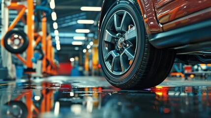 Fototapeta premium A close-up of a car wheel inside a brightly lit auto service station