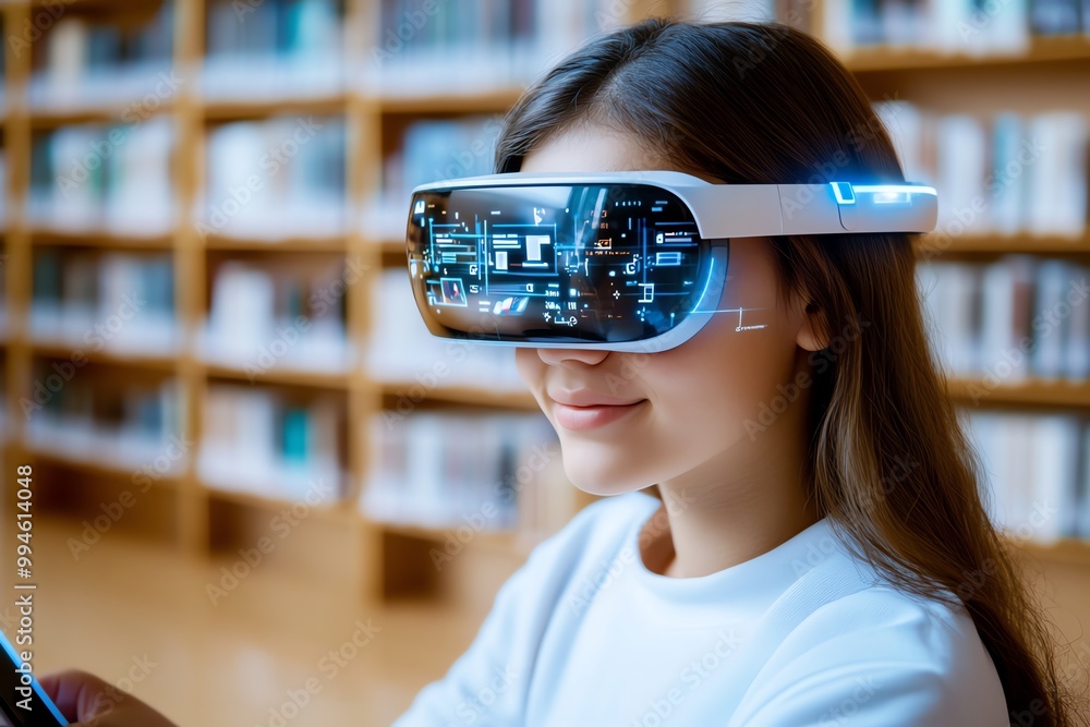 Poster A student in a futuristic library using augmented reality glasses, where books and research materials appear digitally in their field of view