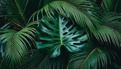 Illustration of a night in a tropical rainforest featuring monstera and palm leaves covered in raindrops
