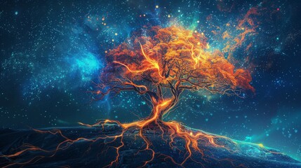 A fiery tree stands tall against a starry night sky, glowing with energy and life.