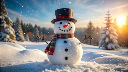 Obraz premium Cheerful snowman standing in a snowy field as the sun sets over the mountains