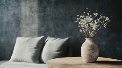 Modern Living Room with Wood Vase and White Flowers