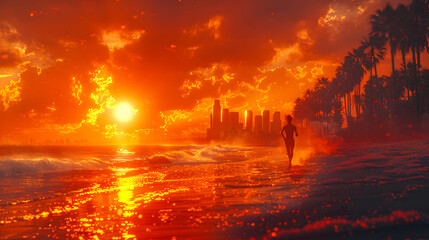 Silhouette of a sprinter running on the track in the Olympic stadium with a colorful flare rising behind him. Concept of victory and winning. Olympic Games. Los Angeles 2028. Athletics. Sunset beach