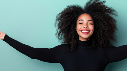 A joyful young African American woman with natural curls, her arms wide open and a big, welcoming smile, isolated against a soft pastel background, offering a warm and inviting fee