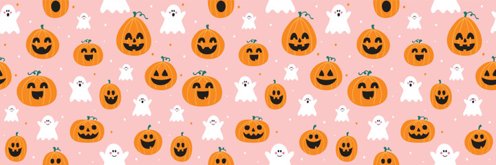Cute Halloween background with hand drawn pumpkins and ghosts. Seamless pattern. Banner. Vector illustration