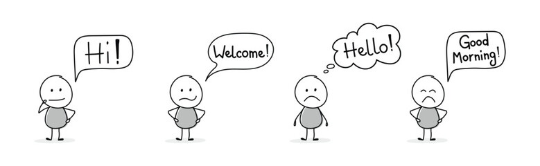 Unhappy hand drawn character with greeting - welcome, hello, hi, good morning. Vector