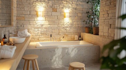 Scandinavian spa bathroom with a freestanding tub, natural stone walls, and light wooden stools