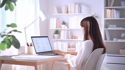 A young Japanese woman typing intently on her laptop, her home office organized with care, featuring a minimalist desk, comfortable chair, and soft pastel colors, as she immerses h
