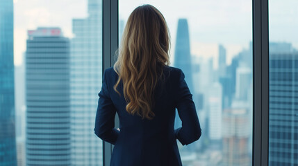 Fototapeta premium A poised businesswoman in a sharp navy suit, standing before a panoramic window, gazing thoughtfully at the modern skyscrapers of the city, symbolizing her leadership and forward-t