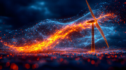 Abstract illustration of wind turbine generating renewable energy. Wind power plant skeleton structure. Concept of wind power plant construction and skeleton on black stable background. Drawing sketch