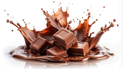 Fototapeta premium Chocolate cubes falling into melted chocolate, making a big splash on a white background