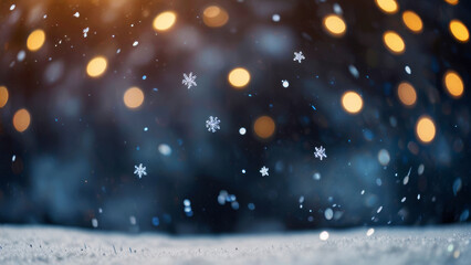 Obraz premium Snowfall with blurred bokeh background with lights in a winter night, as a background for design