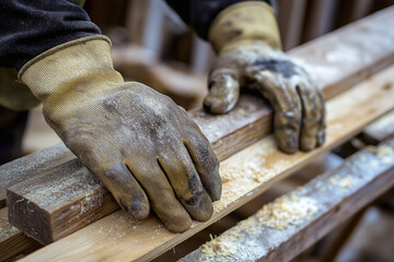 Closeup of Workers Hands in Gloves Holding Wood