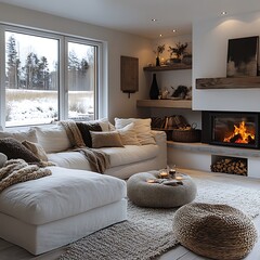 Obraz premium White corner sofa near fireplace. Scandinavian home interior design of modern living room. 