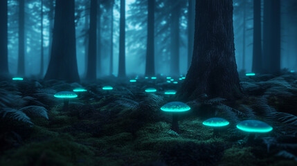 Fototapeta premium In a mystical forest filled with thick fog and towering trees, glowing mushrooms shine with a blue-green bioluminescence, casting an otherworldly glow on the surrounding ferns and