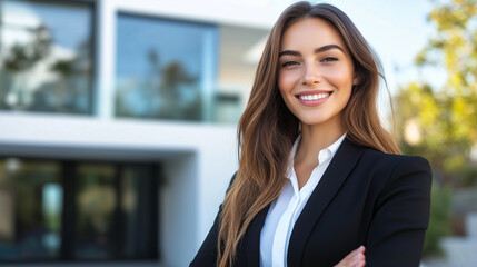 Fototapeta premium A confident American real estate agent in a tailored suit stands proudly in front of a sleek, modern home, her bright smile and professional stance radiating approachability and re