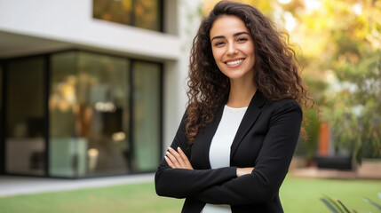 A confident real estate agent, dressed in formal attire, stands proudly in front of a modern home with an open yard, her approachable smile and poised stance making her an inviting