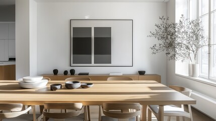 Sleek Scandinavian dining room with a large oak table, streamlined chairs, and a monochrome art installation on the wall