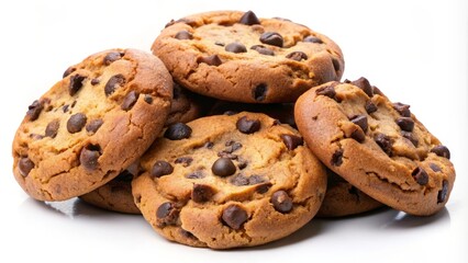 Delicious chocolate chips cookies making a pile on a white background