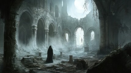 A lone figure in a hooded cloak standing in the ruins of a stone cathedral