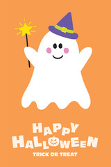 Halloween card with cute spooky ghost. Vector illustration