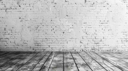 The combination of a weathered brick wall and smooth wooden flooring creates a stylish backdrop perfect for various activities like photoshoots, art displays, or gatherings