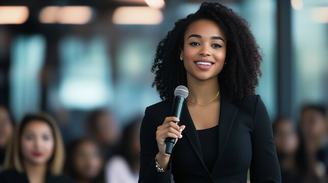 A successful African American businesswoman stands at the microphone, delivering an engaging speech about entrepreneurship and leadership, her confident posture and expressive gest