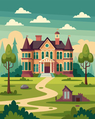 Fototapeta premium A picture of a large mansion with a perfectly manicured lawn and a poor neighborhood with rundown houses in the background.. Vector illustration