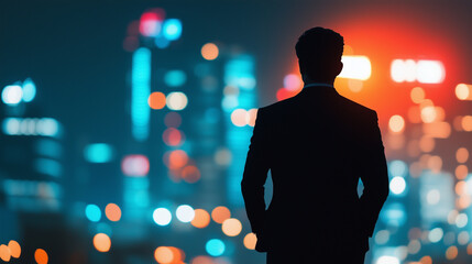 The silhouette of an unrecognizable businessman stands before a blurred, modern city skyline, the glowing lights and towering buildings symbolizing hope for financial success and f