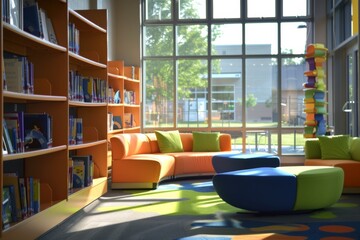 Modern library lounge with colorful seating