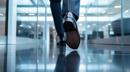 The polished shoes of a businessman click against the sleek floor as he hurries through a high-tech open office space, the glass walls and modern furnishings around him enhancing t