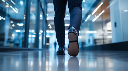 The legs of a businessman walk quickly through a stylish open office, his suit pants moving with each step as he rushes along the sleek, polished floors of the modern building to m