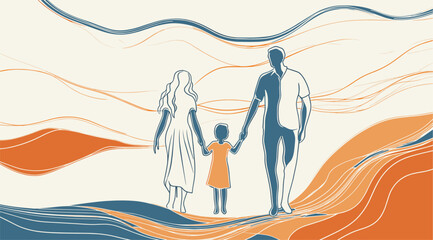 Fototapeta premium vector drawing of family holding hands with simple lines on white background .Generative AI