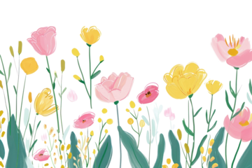 PNG Cute blooming flowers border illustration graphics painting pattern.