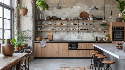 A stylish kitchen features open shelving adorned with cookware and decorative items. Natural elements like plants enhance the inviting atmosphere in this modern design setting