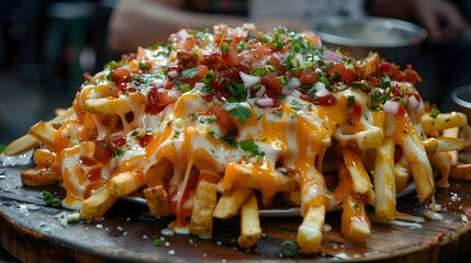 A platter of loaded fries with different cheeses and sauces, captured using an ultra HD camera with a ring light for even illumination