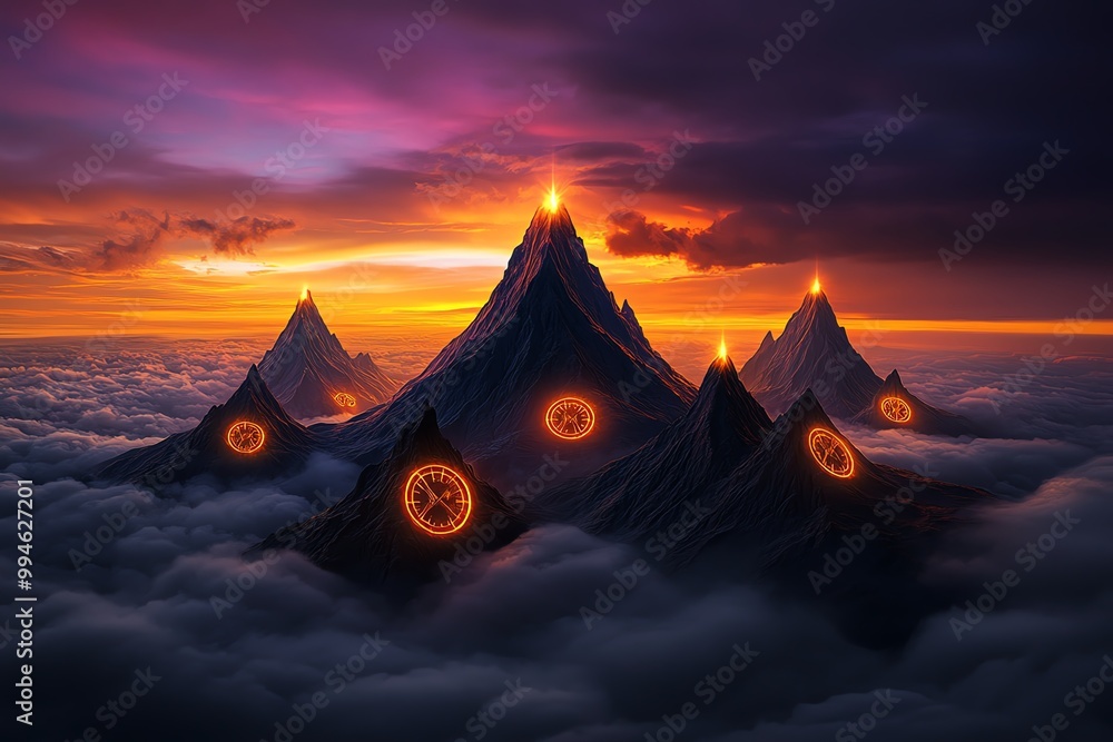 Poster a surreal landscape where mountains rise from the clouds, each peak crowned with a glowing clock. th
