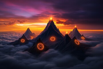 A surreal landscape where mountains rise from the clouds, each peak crowned with a glowing clock. The sky is a mix of orange, purple, and pink, as the sun sets and fills the air with warm light