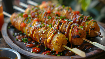 A platter of mini corn dogs with various sauces, captured using an ultra HD camera with a ring light for even illumination