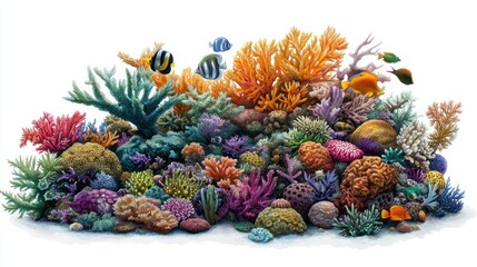 Vibrant Coral Reef with Colorful Fish and Various Coral Formations