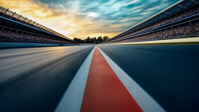 High-speed view of an empty racetrack at sunset, showcasing fast-paced competition, motor sports, and the thrill of automotive racing.

