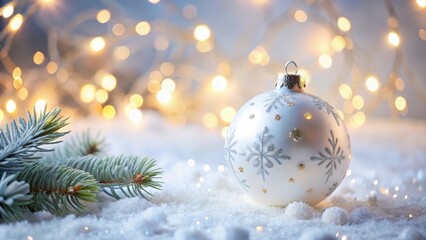 White christmas ornament with silver snowflakes sits on a glittery surface with pine branches and sparkling string lights