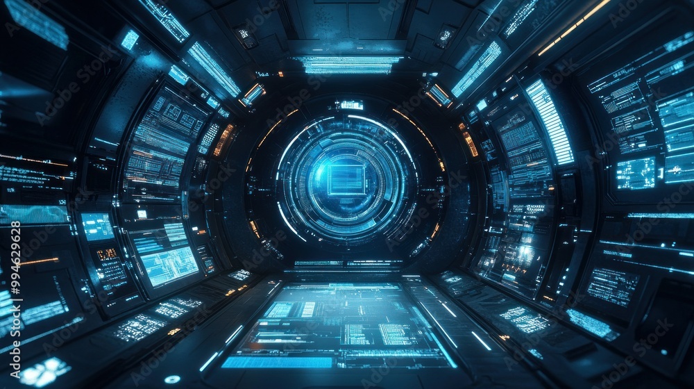 Poster Futuristic Spaceship Interior with Glowing Interface and Circular Portal