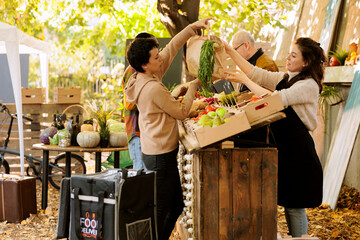 Delivery lady with thermo bag picking up order at farmers market. Female courier standing near farm produce stand taking fresh organic fruits and vegetables to deliver them to customer doorstep.
