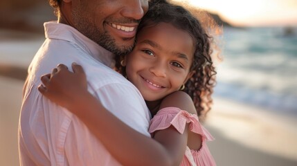 Obraz premium Joyful mixed race family enjoying quality time at the shore with their delightful little girl during vacation