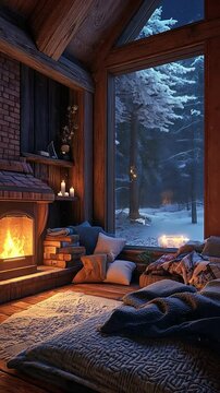 Cozy cabin interior showing falling snow during winter