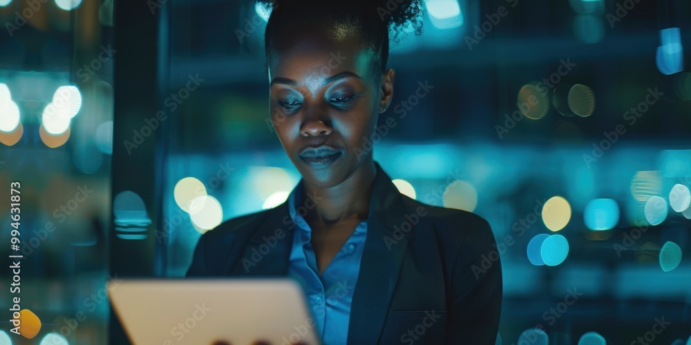 Poster professional woman working late on a tablet in an office setting. engaged with technology and meetin