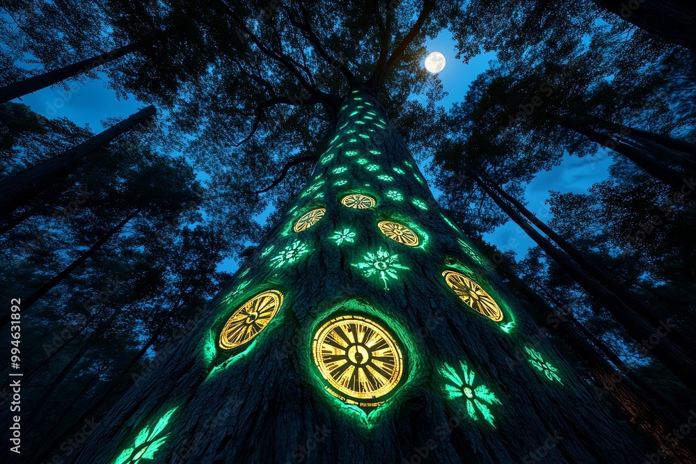 Poster A towering tree with clock faces embedded in its trunk, glowing in soft green and gold hues. The forest around it is bathed in the light of a full moon, casting eerie shadows among the ancient