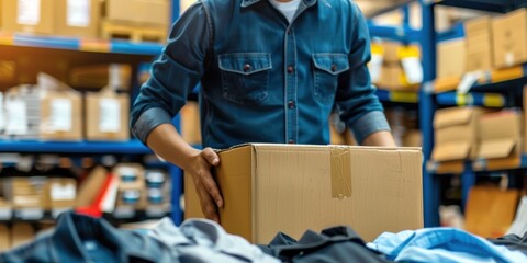 Entrepreneur preparing clothing for export in a delivery box, focusing on retail, e-commerce shipping, and dropshipping in the fashion supply chain