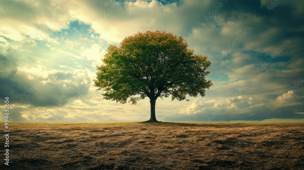 Aufkleber a single tree standing in a field under a cloudy sky